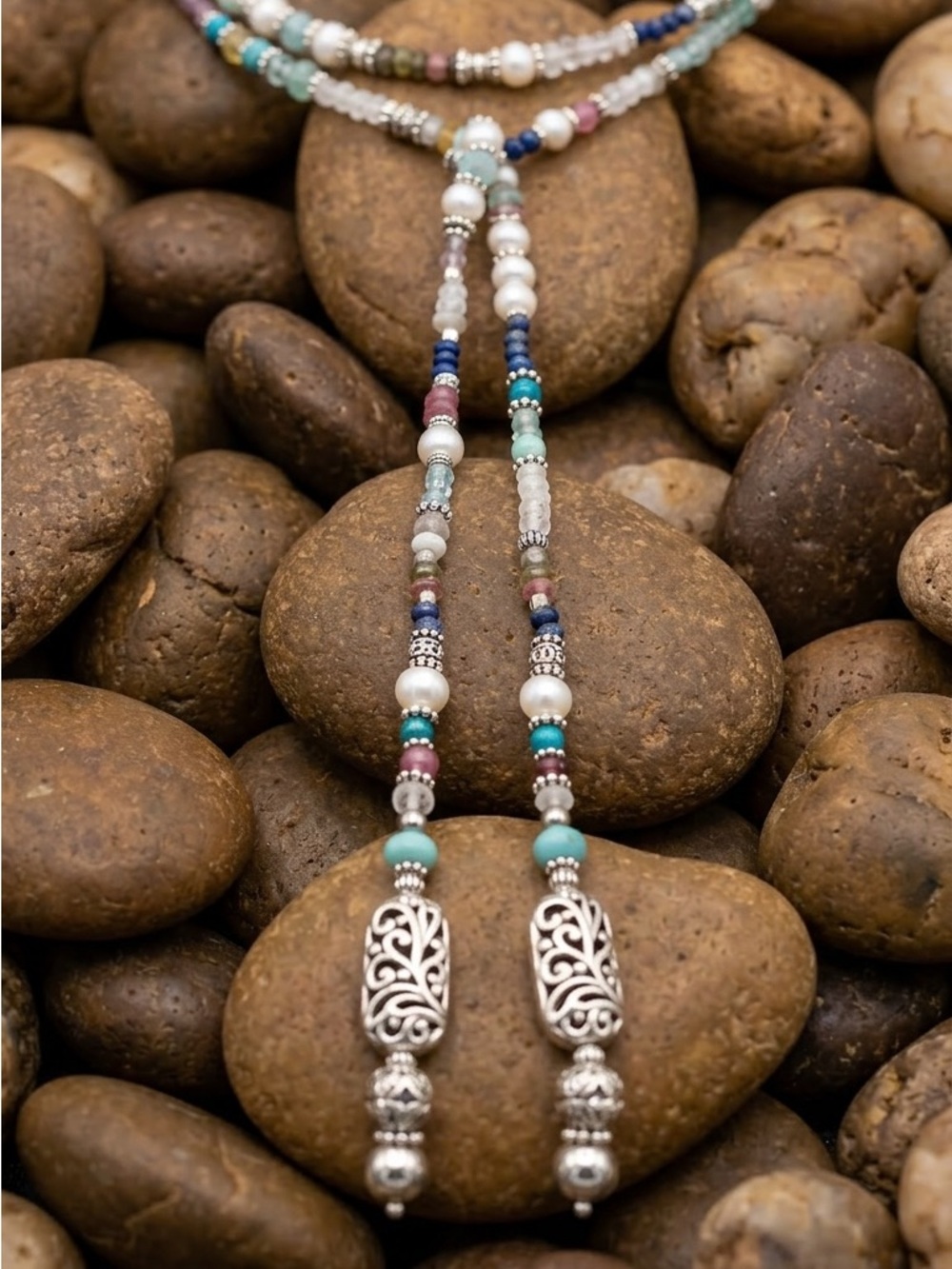 Multi-Color Semi Precious Lariat Necklace with Sterling Silver Accents